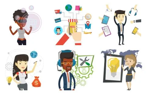 Vector set of people using modern technologies. Illustrazione stock