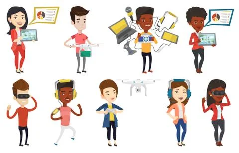 Vector set of people using modern technologies. Stock Illustration