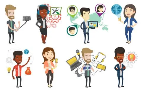 Vector set of people using modern technologies. Stock Illustration