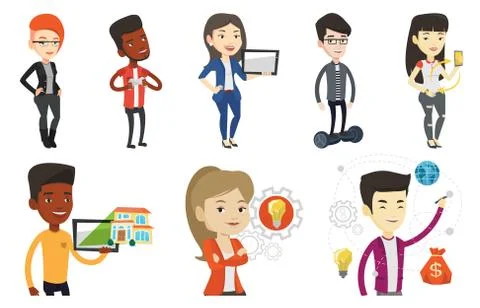 Vector set of people using modern technologies. Illustrazione stock