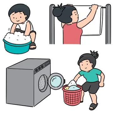 Vector set of people washing clothes Stock Illustration