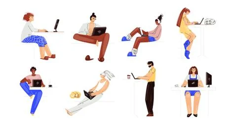 Vector set of people working on a laptop. Man and woman multiracial characters Stock Illustration