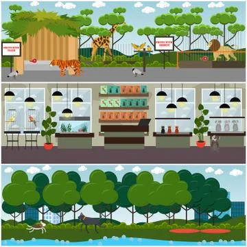 Vector set of pet shop and zoo interior flat posters Stock Illustration