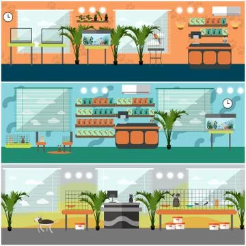 Vector set of pet shop interior concept posters, flat style Stock Illustration