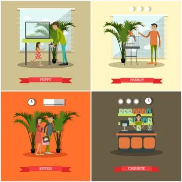 Vector set of pet store posters in flat style Illustrazione stock