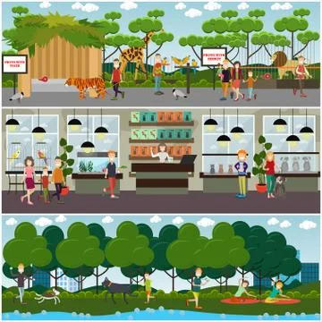 Vector set of pets and zoo animals flat posters, banners Stock Illustration