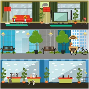 Vector set of pets interior flat posters, banners Stock Illustration
