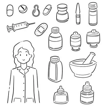 Vector set of pharmacist and medicine Stock Illustration