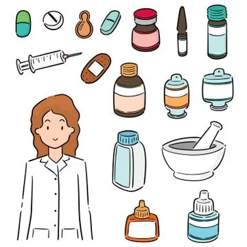 Vector set of pharmacist and medicine Stock Illustration