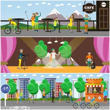 Vector set of photo, video concept posters with people, cameras Stock Illustration