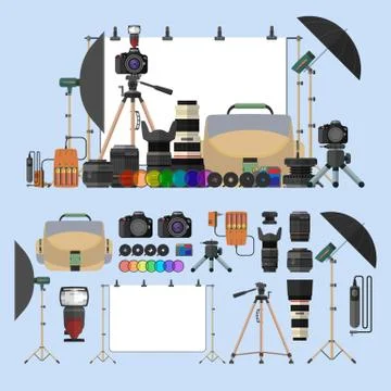 Vector set of photography isolated objects. Photo equipment design elements a Stock Illustration