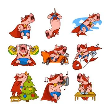 Vector set of pig superhero in different actions. Funny humanized animal in red Stock-Illustration
