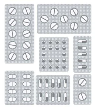 Vector set of pills, tablets and capsules in blisters Stock Illustration