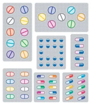 Vector set of pills, tablets and capsules in blisters Stock Illustration