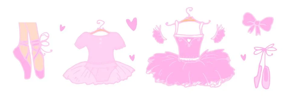 Vector set of pink ballet. a hand-drawn doodle-style ballet tutu, pointe feet, a Illustrazione stock