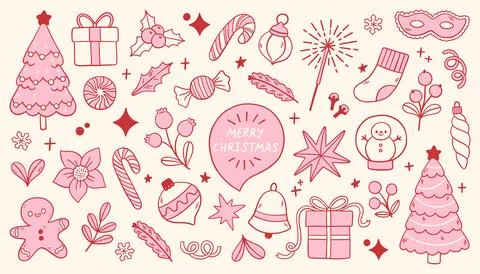 Vector set of pink Christmas doodle hand drawn stickers festive elements trees Stock Illustration
