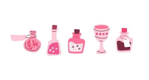 Vector set of pink goblets, witch potion bottles on white. Wizard bottle with Stock Illustration