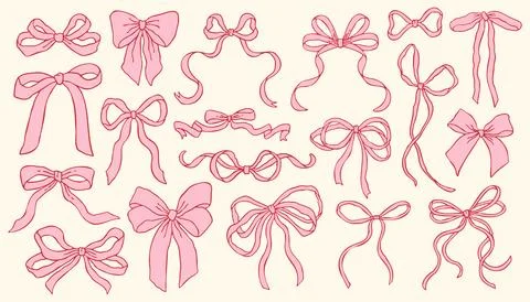 Vector set of pink hand drawn bows in various shapes and styles. Cute Stock Illustration