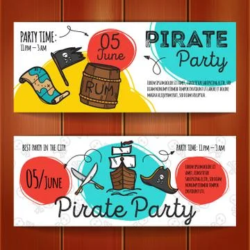 Vector set of pirate party flyers. Colorful doodle style party banners templa Stock-Illustration