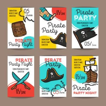 Vector set of pirate party flyers. Colorful doodle style party banners templa Stock Illustration