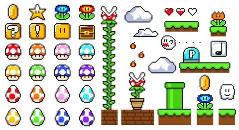 Vector Set of pixel arcade game elements Illustrazione stock