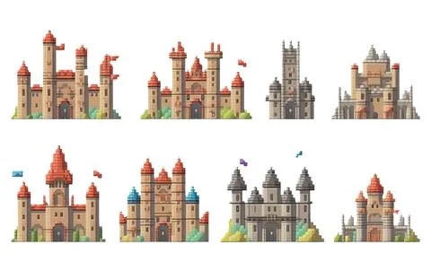 Vector set pixel illustration in cartoon style protected concept knightly castle Stock Illustration