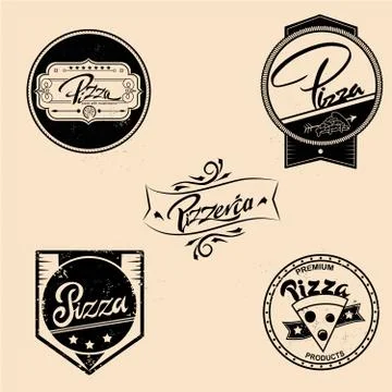 Vector set of pizza labels, design elements, emblems, badges. Isolated logos Illustrazione stock