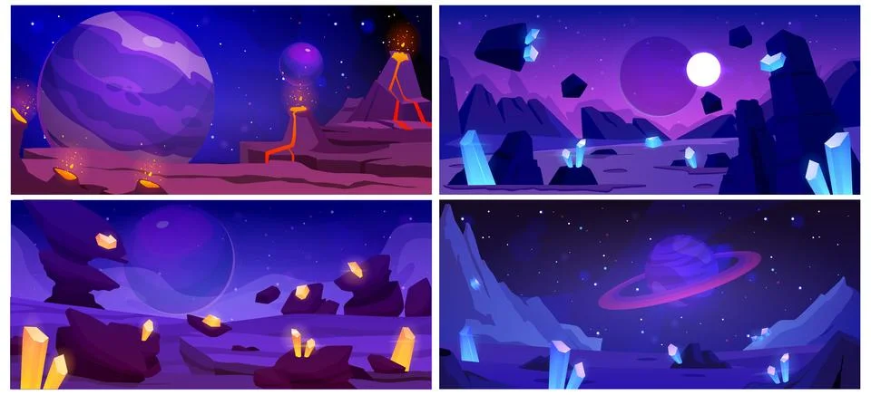A vector set with planetary surfaces showing rocky terrain, volcanoes with lava Stock Illustration