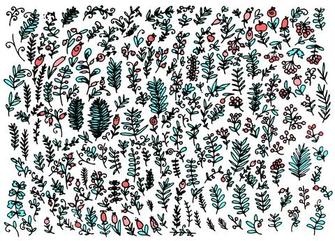 Vector set of plants in pink turquoise colors. hand-drawn in doodle style, a Stock Illustration