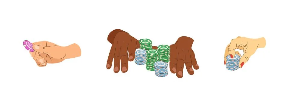 Vector set of playing chips in hands. All in moment in poker and bet. Multi.. Stock Illustration