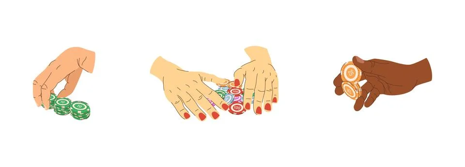 Vector set of playing chips in hands. Winning chips moment, bet and tricks .. Stock Illustration