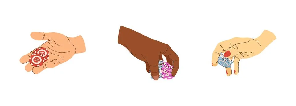 Vector set of playing chips in hands. Bet and tricks with chips. Multicultu.. Stock Illustration