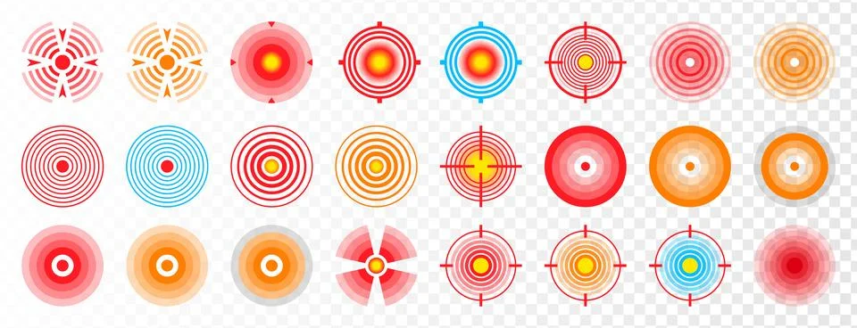 Vector set of point pain icons, ache localization symbols, circle painful area Stock Illustration