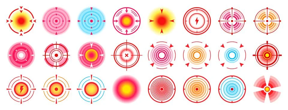 Vector set of point pain icons, ache localization symbols, circle painful area Stock Illustration