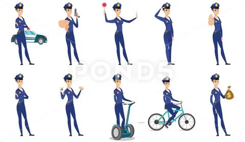 Vector set of police woman characters. Stock Illustration