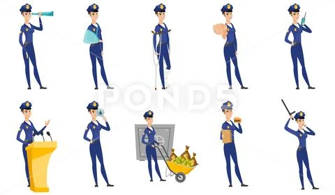 Vector set of police woman characters. Stock Illustration