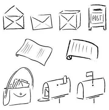 Vector set of post icons - letters, bag, box Stock Illustration