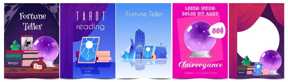Vector Set of posters and frames with magic items, date and space for text. Stock Illustration