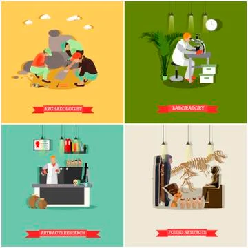 Vector set of posters, banners with archaeologists, equipment, found artifacts Illustrazione stock