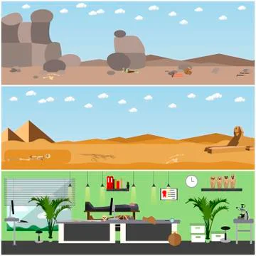 Vector set of posters, banners with archaeologists places, tools and equipment Stock Illustration