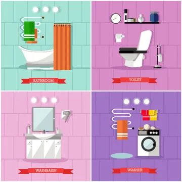 Vector set of posters, banners with bathroom interior and furniture Stock Illustration