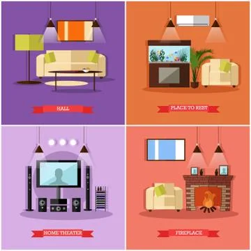 Vector set of posters, banners with home interior design elements イラスト素材