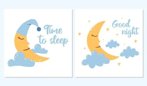 Vector set of posters with cute moon and clouds. Stock Illustration