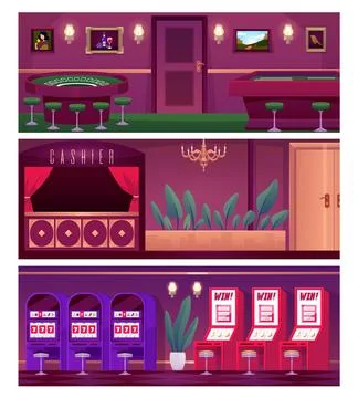 Vector set of posters of empty casino interior rooms with poker tables, cashier Illustrazione stock