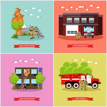 Vector set of posters with fire fighting concept design elements Stock Illustration