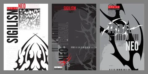 Vector set of posters in neo-tribal and cyber sigilism style. Stock Illustration