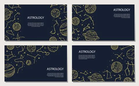Vector set of posters with planets and constellations. Astrological backgroun Stock Illustration
