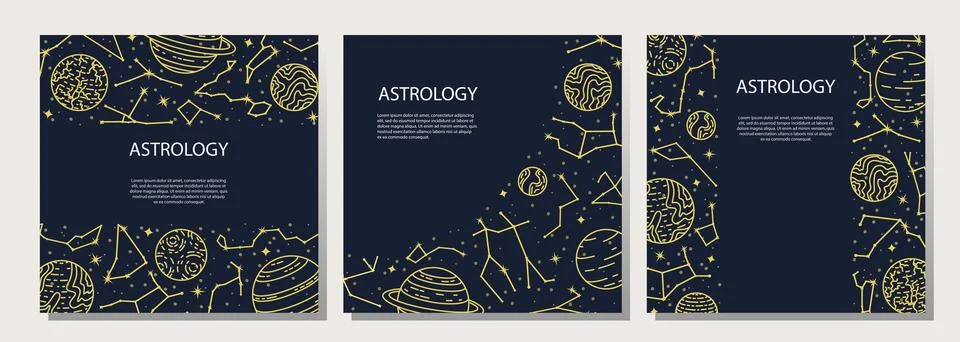 Vector set of posters with planets and constellations. Astrological backgroun Illustrazione stock