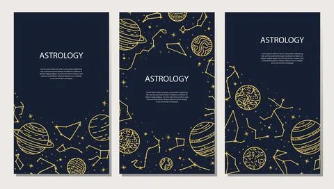 Vector set of posters with planets and constellations. Astrological backgroun Stock-Illustration