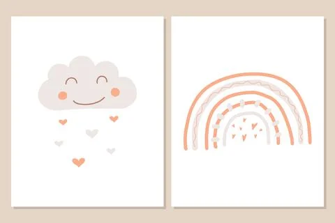 Vector set of posters with rainbow in boho style. Stock Illustration